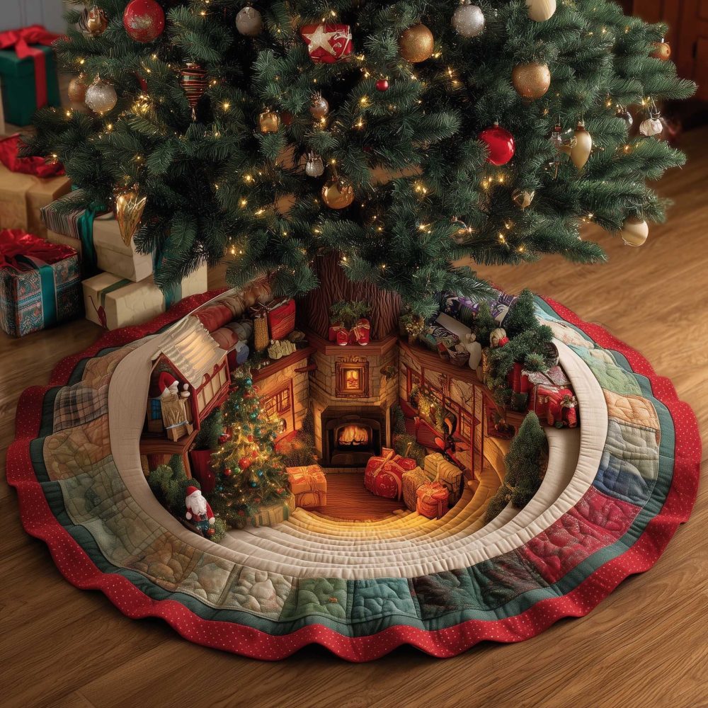 Santa'S Fireside Den Decorative Tree Skirt — Made-To-Order Cozy Holiday Base With Warm Fireplace Scene, Premium Plush Fabric