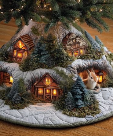 Snowy Cabin Deer Holiday Tree Skirt — Rustic Winter Cabin Scene Handcrafted Christmas Tree Skirt, Made-To-Order