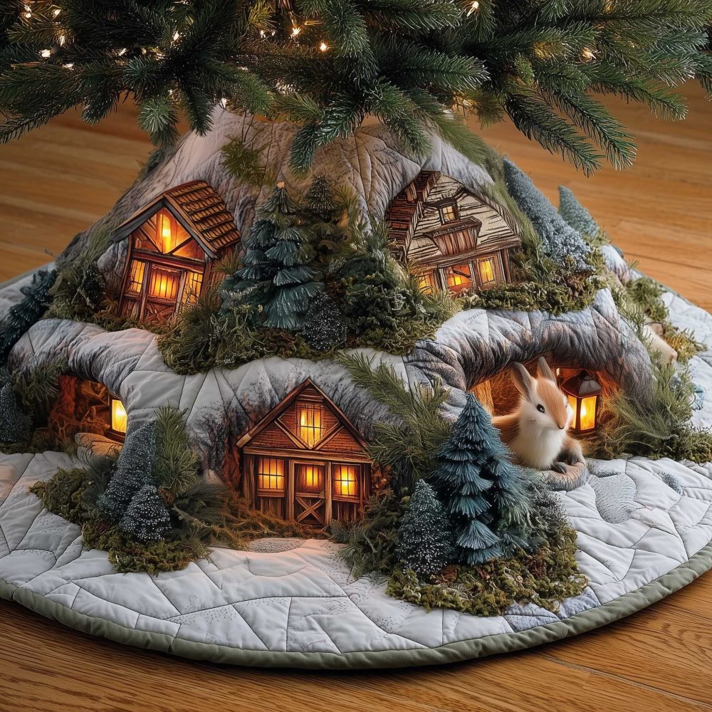 Snowy Cabin Deer Holiday Tree Skirt — Rustic Winter Cabin Scene Handcrafted Christmas Tree Skirt, Made-To-Order