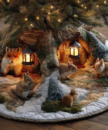 Fox & Rabbits By Lit Cabins Holiday Tree Skirt — Cozy Evening Cabin Design, Custom Handmade, Made-To-Order
