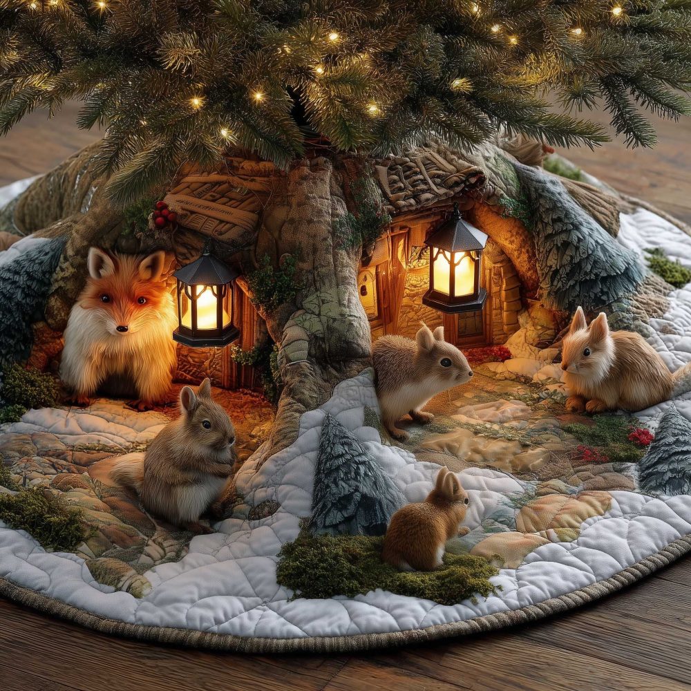 Fox & Rabbits By Lit Cabins Holiday Tree Skirt — Cozy Evening Cabin Design, Custom Handmade, Made-To-Order