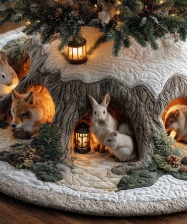Festive Fox & Bunny Lantern Burrow Christmas Tree Skirt — Custom Handmade Holiday Tree Skirt, Made-To-Order
