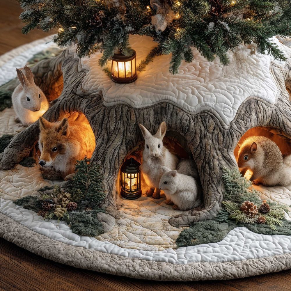 Festive Fox & Bunny Lantern Burrow Christmas Tree Skirt — Custom Handmade Holiday Tree Skirt, Made-To-Order