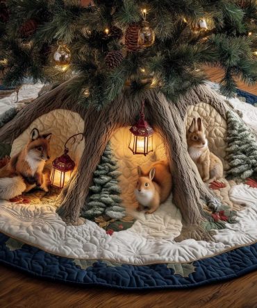 Squirrel & Rabbit Lantern Meadow Holiday Tree Skirt — Handmade Custom Christmas Tree Skirt, Made-To-Order