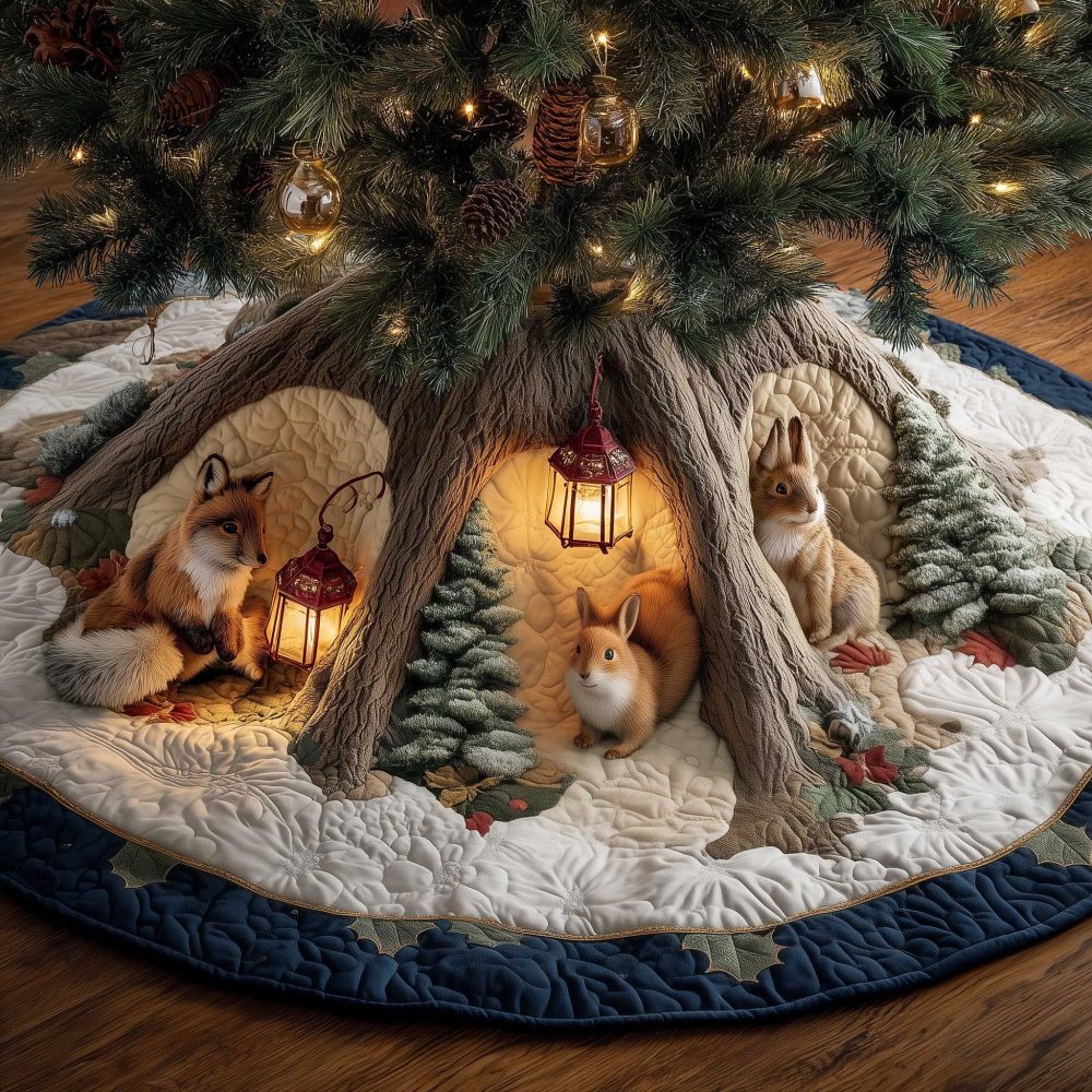 Squirrel & Rabbit Lantern Meadow Holiday Tree Skirt — Handmade Custom Christmas Tree Skirt, Made-To-Order