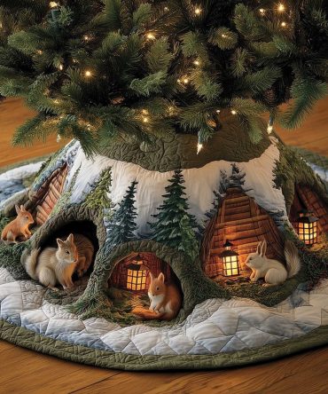 Handcrafted Woodland Animals Christmas Tree Skirt With Burrow Scene — Custom Holiday Tree Skirt, Made-To-Order