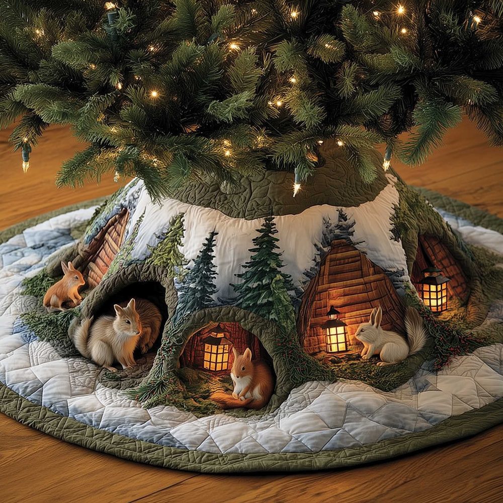 Handcrafted Woodland Animals Christmas Tree Skirt With Burrow Scene — Custom Holiday Tree Skirt, Made-To-Order