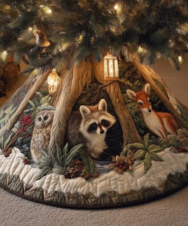 Raccoon, Owl & Deer Christmas Tree Skirt With Hollow Woodland Art — Premium Custom Holiday Tree Skirt, Made-To-Order