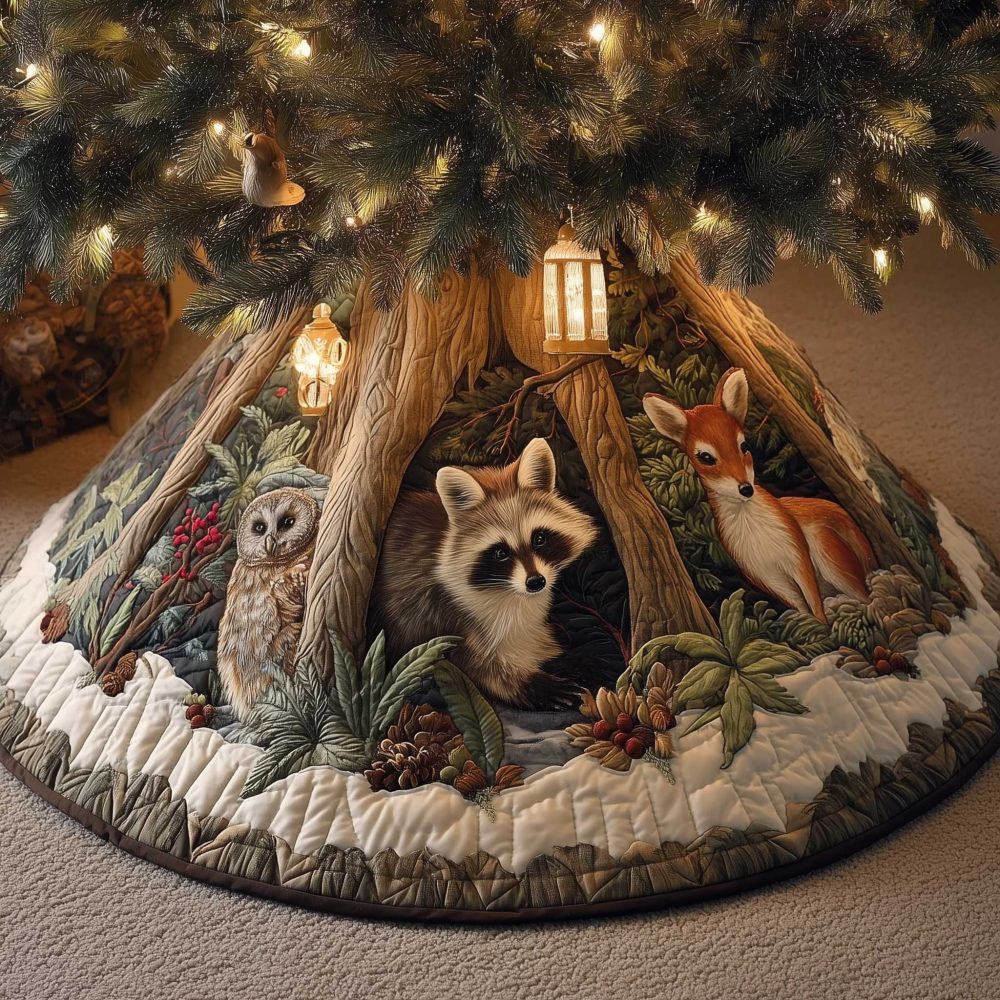 Raccoon, Owl & Deer Christmas Tree Skirt With Hollow Woodland Art — Premium Custom Holiday Tree Skirt, Made-To-Order