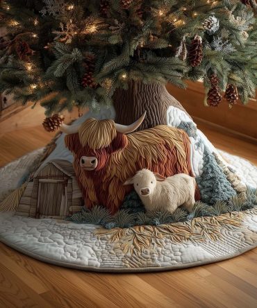 Highland Cow & White Calf Christmas Tree Skirt — Tender Cow And Calf Holiday Scene, Custom Handmade Tree Skirt, Made-To-Order