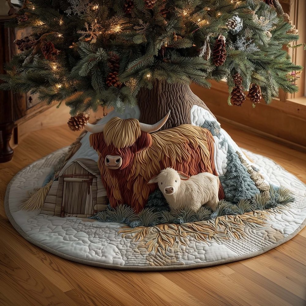 Highland Cow & White Calf Christmas Tree Skirt — Tender Cow And Calf Holiday Scene, Custom Handmade Tree Skirt, Made-To-Order