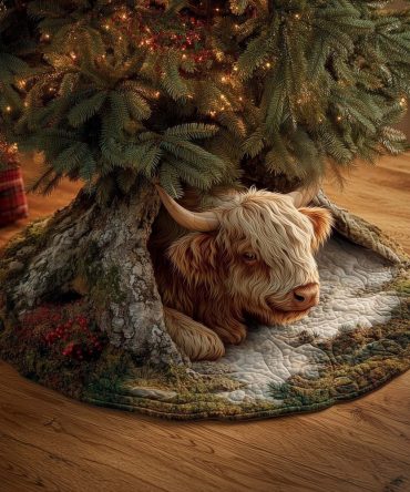 Highland Cow Lying In Snow Christmas Tree Skirt — Serene Snowy Cow Scene, Custom Handmade Winter Holiday Tree Skirt, Made-To-Order