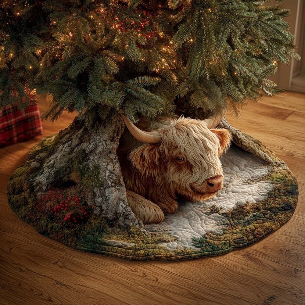 Highland Cow Lying In Snow Christmas Tree Skirt — Serene Snowy Cow Scene, Custom Handmade Winter Holiday Tree Skirt, Made-To-Order