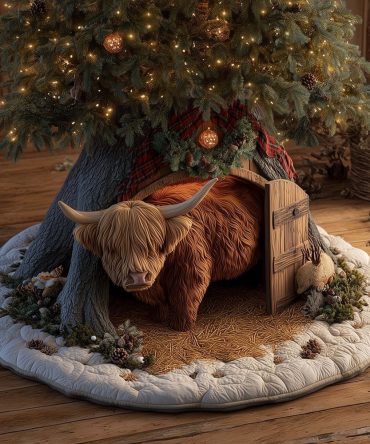 Highland Cow At Barn Door Christmas Tree Skirt — Rustic Barn Door Holiday Design, Handmade Custom Christmas Tree Skirt, Made-To-Order