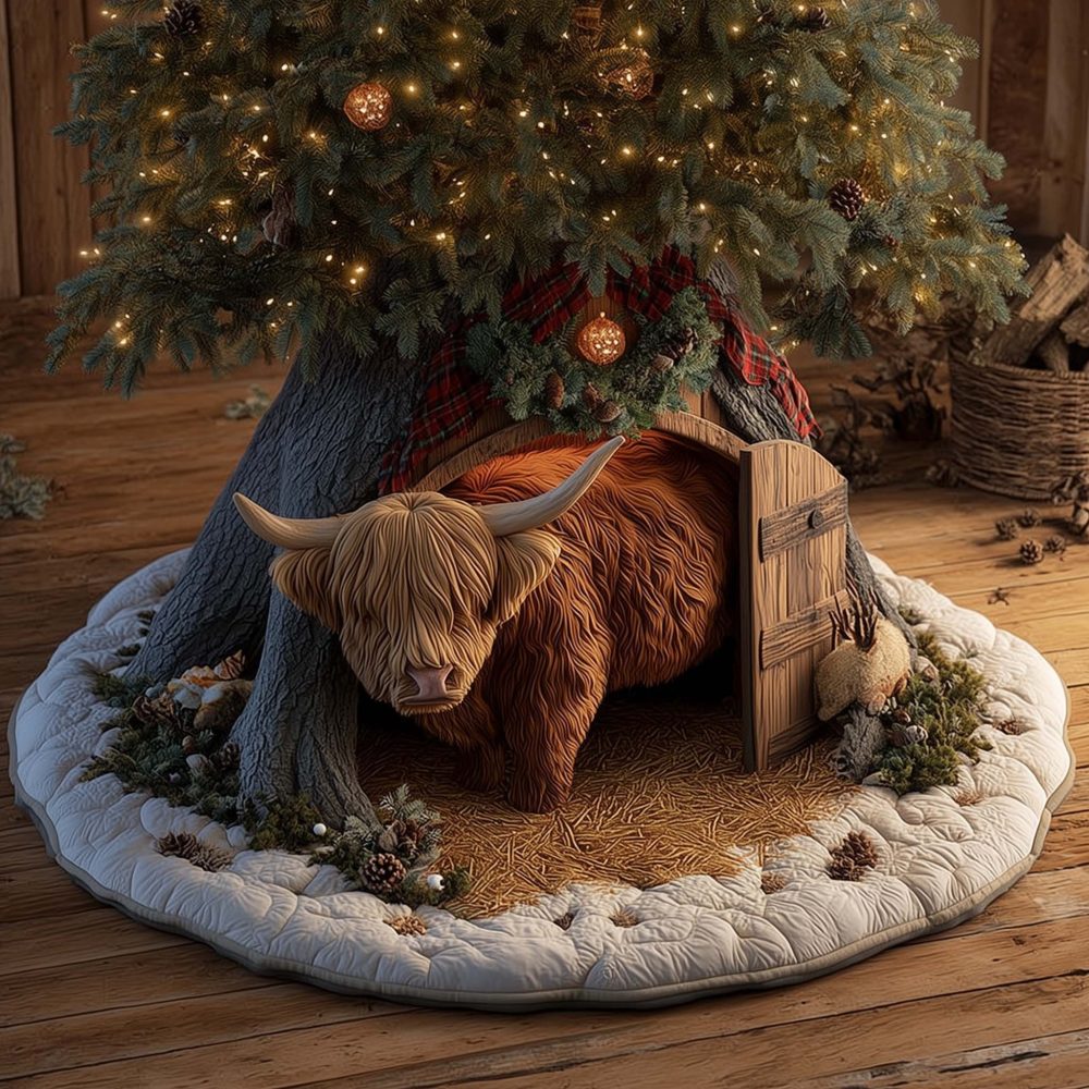 Highland Cow At Barn Door Christmas Tree Skirt — Rustic Barn Door Holiday Design, Handmade Custom Christmas Tree Skirt, Made-To-Order