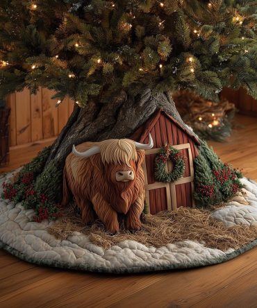 Highland Cow With Festive Wreath Christmas Tree Skirt — Wreath-Adorned Cow Design, Custom Handmade Holiday Tree Skirt, Made-To-Order