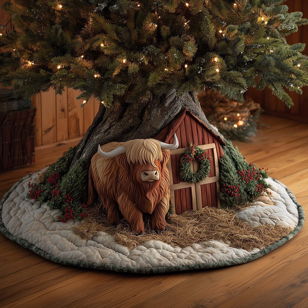 Highland Cow With Festive Wreath Christmas Tree Skirt — Wreath-Adorned Cow Design, Custom Handmade Holiday Tree Skirt, Made-To-Order