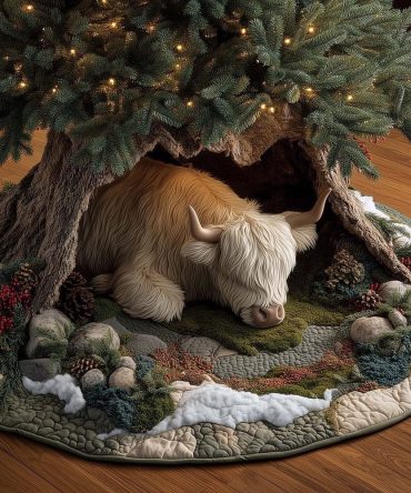 Elegant White Highland Cow Den Christmas Tree Skirt — Handmade Holiday Den Scene, Custom Tree Skirt, Made-To-Order