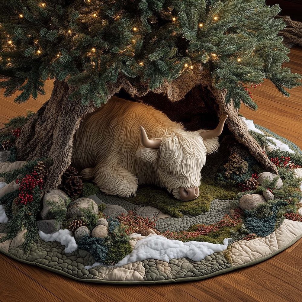 Elegant White Highland Cow Den Christmas Tree Skirt — Handmade Holiday Den Scene, Custom Tree Skirt, Made-To-Order