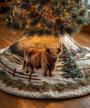 Highland Cow By Rustic Fence Christmas Tree Skirt — Farmhouse Holiday Design, Custom Handmade Christmas Tree Skirt, Made-To-Order