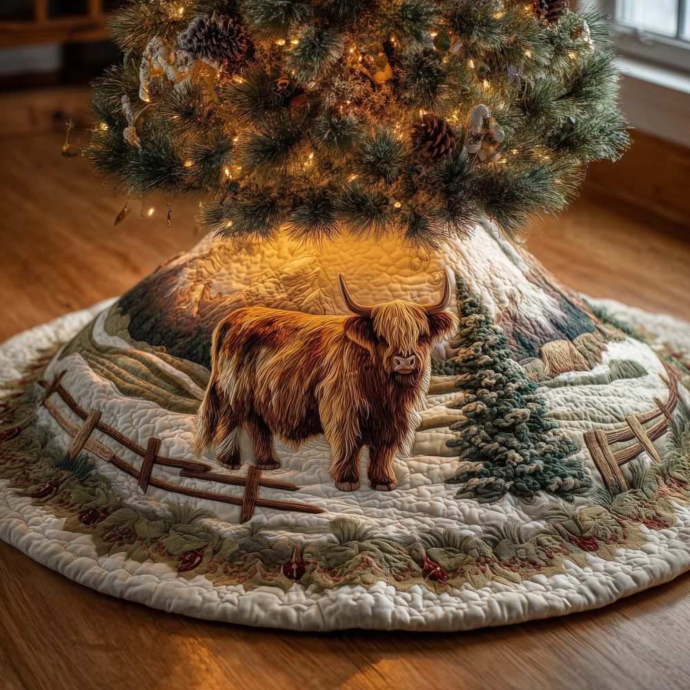 Highland Cow By Rustic Fence Christmas Tree Skirt — Farmhouse Holiday Design, Custom Handmade Christmas Tree Skirt, Made-To-Order