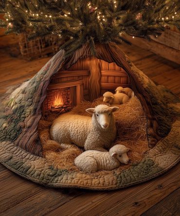 Handcrafted Sheep & Lamb Christmas Tree Skirt — Cozy Barn Scene Holiday Quilted Tree Skirt, Custom Made Gift