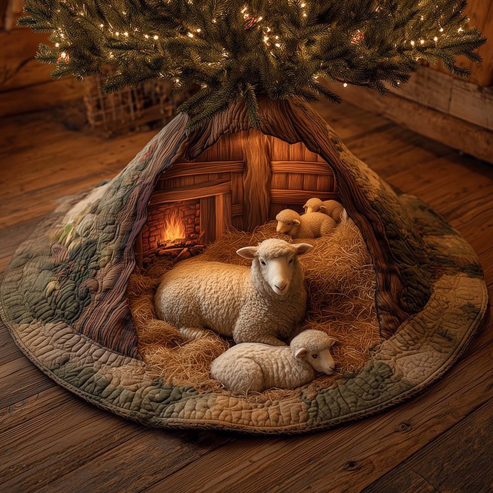 Handcrafted Sheep & Lamb Christmas Tree Skirt — Cozy Barn Scene Holiday Quilted Tree Skirt, Custom Made Gift