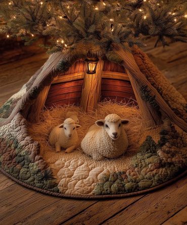 Rustic Two-Sheep Christmas Tree Skirt — Handcrafted Wooden Shelter Farmhouse Holiday Tree Skirt, Custom Options