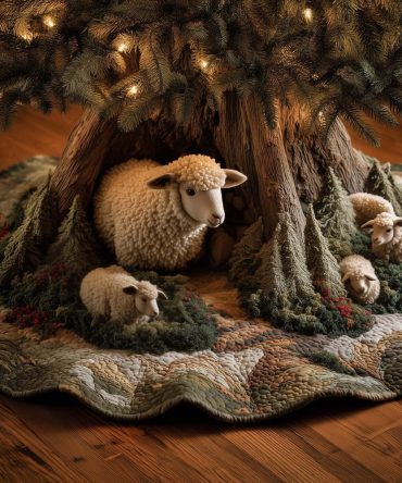 Ewe And Lambs By Tree Roots Christmas Tree Skirt — Made-To-Order Pastoral Holiday Accent, Soft Durable Fabrication