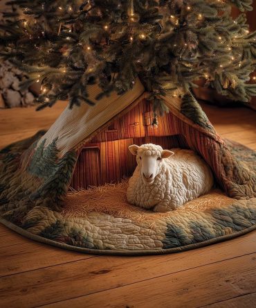 Sheep Resting In Barn Doorway Tree Skirt — Custom Made Barnyard Holiday Accent, Cozy Farmhouse Base For Your Christmas Tree