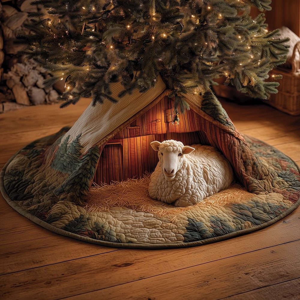 Sheep Resting In Barn Doorway Tree Skirt — Custom Made Barnyard Holiday Accent, Cozy Farmhouse Base For Your Christmas Tree