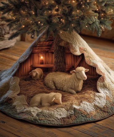 Lantern-Lit Stable With Sheep & Lamb Tree Skirt — Custom Made Holiday Scene, Warm Rustic Nativity-Style Base Cover