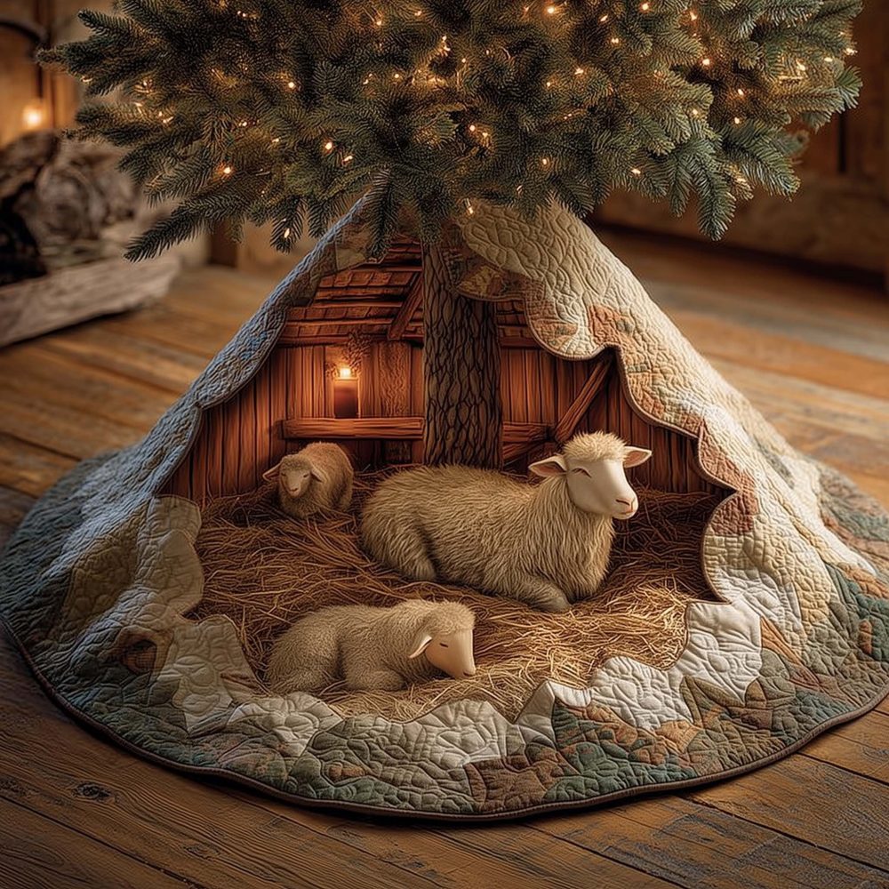 Lantern-Lit Stable With Sheep & Lamb Tree Skirt — Custom Made Holiday Scene, Warm Rustic Nativity-Style Base Cover