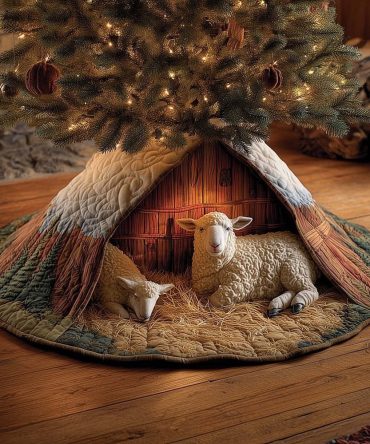 Sheep By Wooden Shelter Christmas Tree Skirt — Custom Made Rustic Nativity-Style Holiday Accent, Heirloom Quality Finish