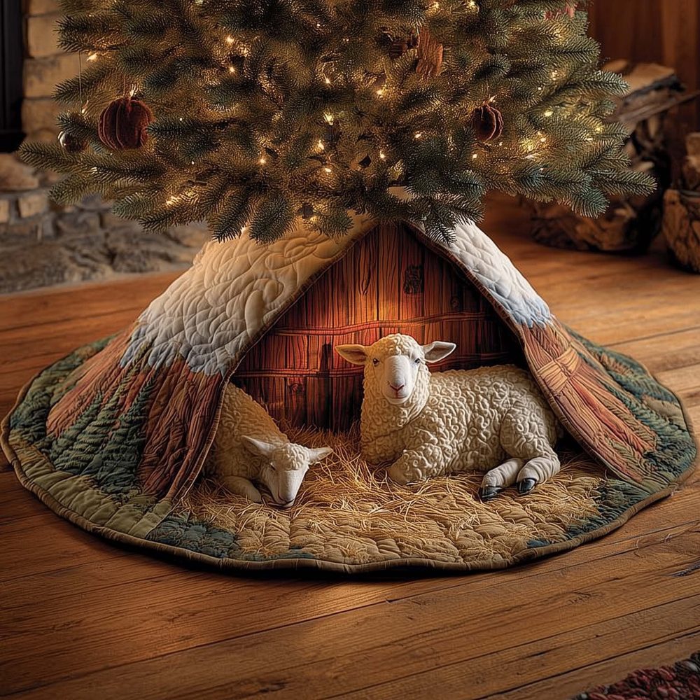 Sheep By Wooden Shelter Christmas Tree Skirt — Custom Made Rustic Nativity-Style Holiday Accent, Heirloom Quality Finish