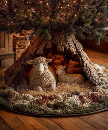Sheep In Hollow Tree Shelter Christmas Tree Skirt — Made-To-Order Woodland Holiday Accent, Handcrafted Country Charm