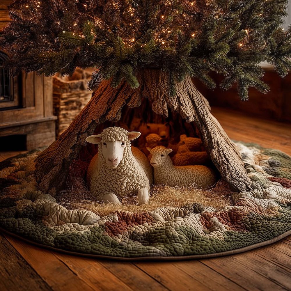 Sheep In Hollow Tree Shelter Christmas Tree Skirt — Made-To-Order Woodland Holiday Accent, Handcrafted Country Charm