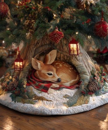 Illuminated Lantern Fawn Christmas Tree Skirt — Warm Woodland Holiday Decor With Glowing Lantern Design, Custom Handmade Skirt