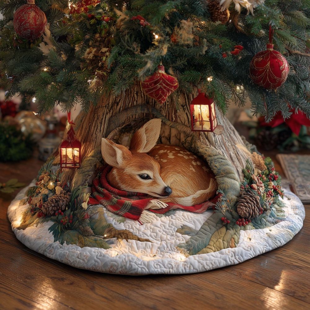 Illuminated Lantern Fawn Christmas Tree Skirt — Warm Woodland Holiday Decor With Glowing Lantern Design, Custom Handmade Skirt