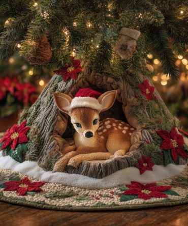 Charming Santa Hat Fawn & Poinsettia Christmas Tree Skirt — Festive Handmade Holiday Decor, Custom Made With Premium Materials