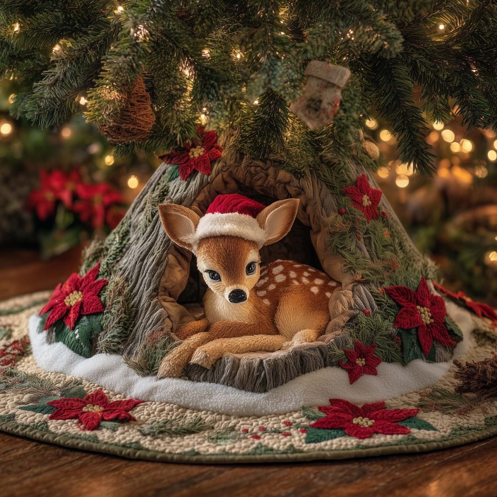 Charming Santa Hat Fawn & Poinsettia Christmas Tree Skirt — Festive Handmade Holiday Decor, Custom Made With Premium Materials