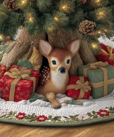 Holiday Gift-Scene Christmas Tree Skirt With Curious Fawn Among Wrapped Presents — Custom Made To Order, Festive Home Decor