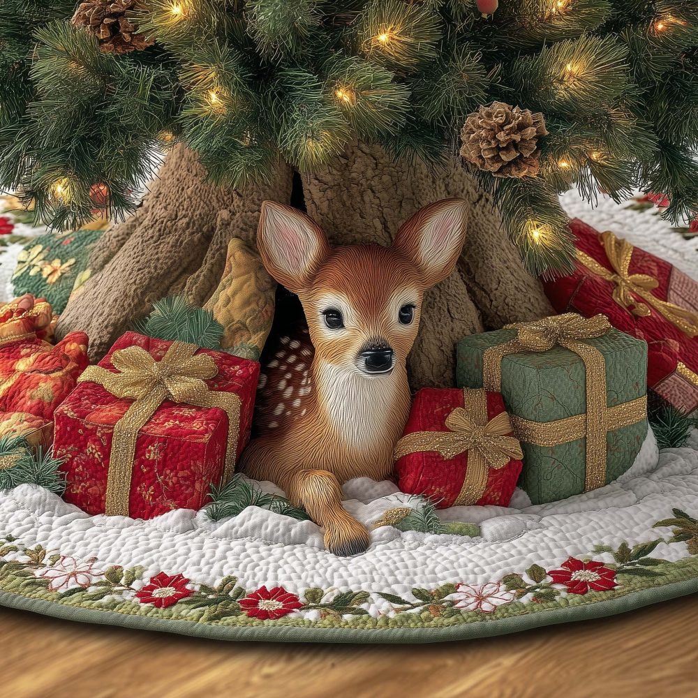 Holiday Gift-Scene Christmas Tree Skirt With Curious Fawn Among Wrapped Presents — Custom Made To Order, Festive Home Decor
