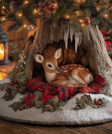 Cozy Red Plaid Tree Skirt With Two Resting Fawns On Blanket — Handmade Rustic Holiday Tree Skirt, Custom Sizes & Personalization