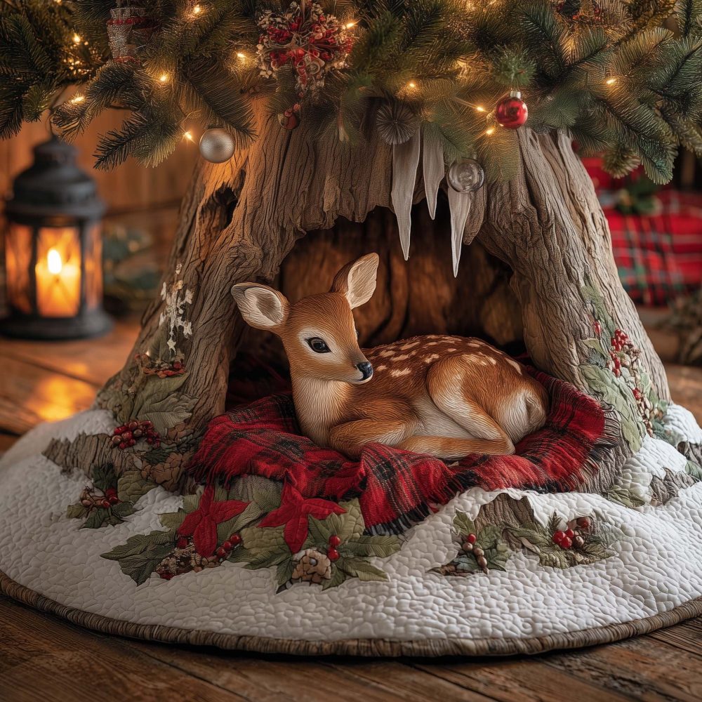 Cozy Red Plaid Tree Skirt With Two Resting Fawns On Blanket — Handmade Rustic Holiday Tree Skirt, Custom Sizes & Personalization