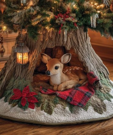 Red Plaid Christmas Tree Skirt With Lantern-Holding Fawn — Cozy Rustic Holiday Skirt, Custom Handmade And Available In Multiple Sizes