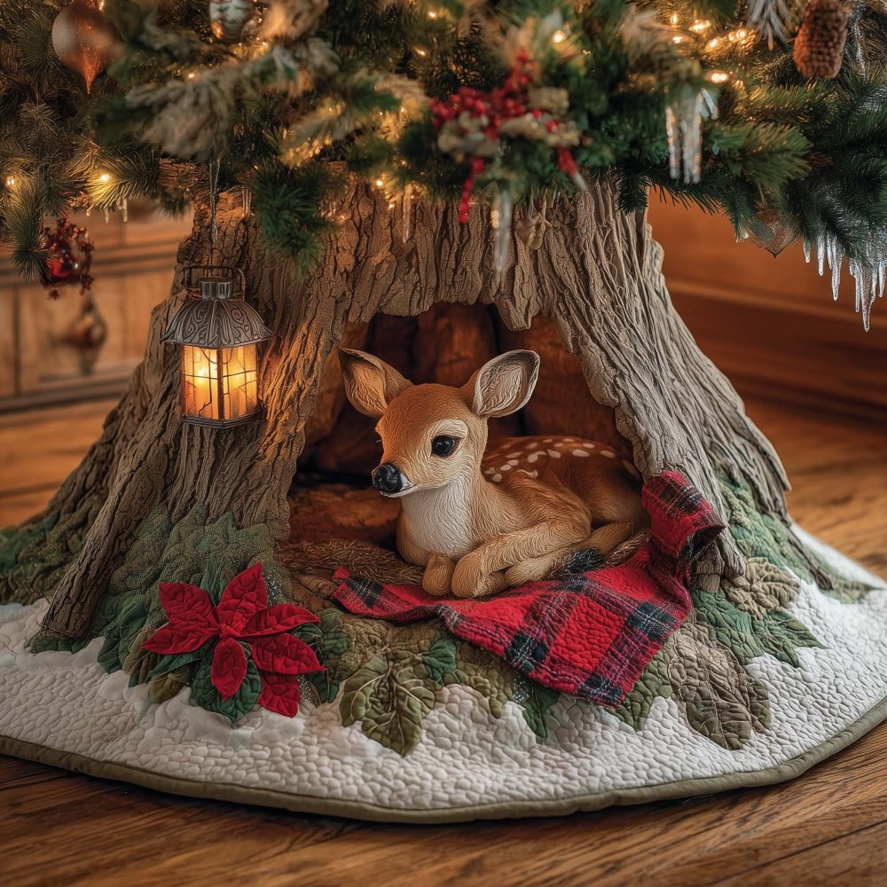 Red Plaid Christmas Tree Skirt With Lantern-Holding Fawn — Cozy Rustic Holiday Skirt, Custom Handmade And Available In Multiple Sizes