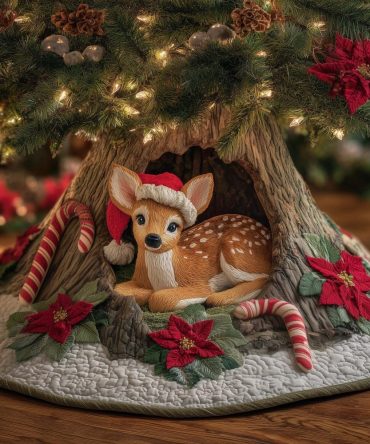 Festive Candy Cane & Santa Hat Christmas Tree Skirt With Playful Fawns — Custom Holiday Tree Skirt, Handmade In Multiple Sizes