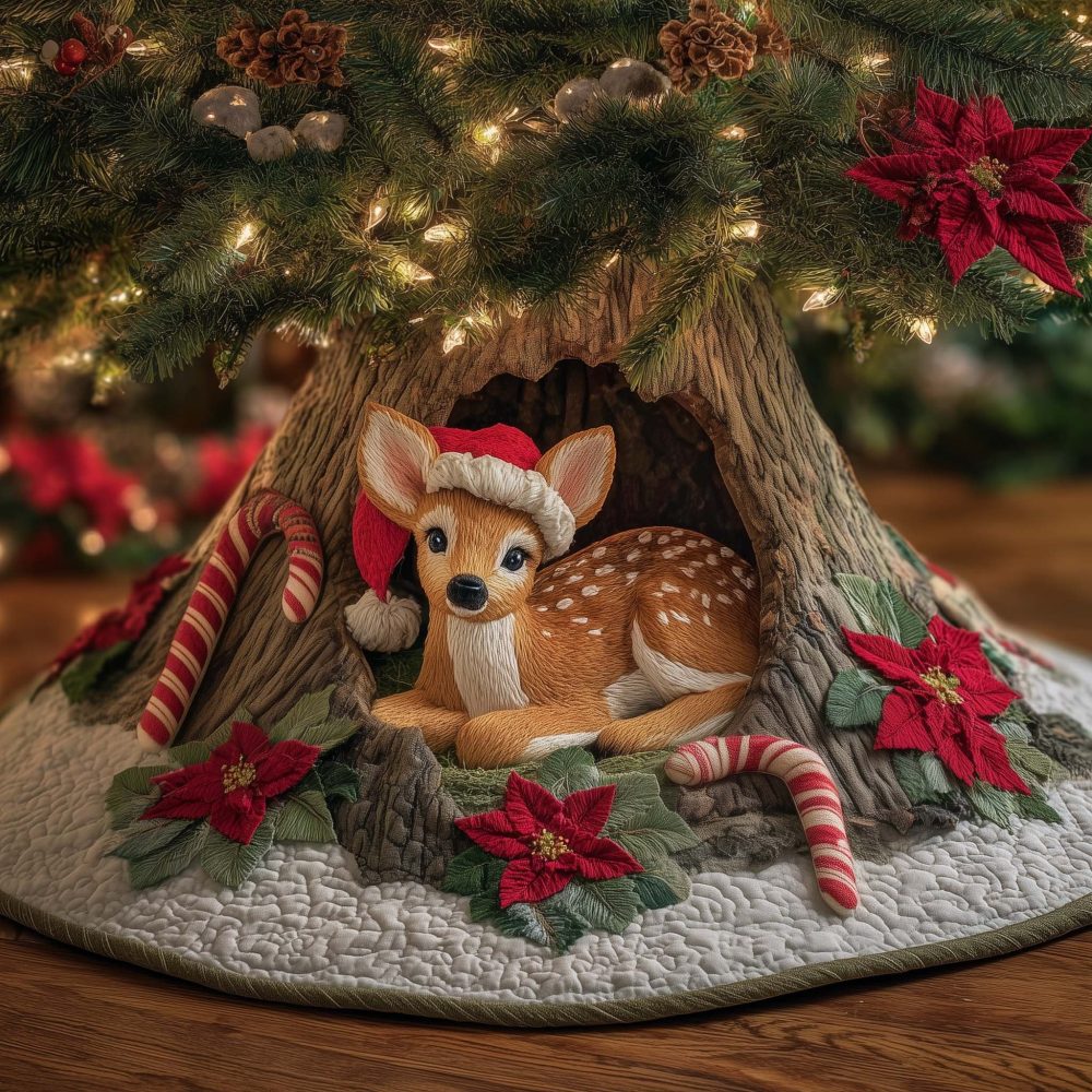 Festive Candy Cane & Santa Hat Christmas Tree Skirt With Playful Fawns — Custom Holiday Tree Skirt, Handmade In Multiple Sizes