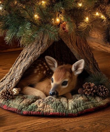 Handcrafted Green Moss Christmas Tree Skirt With Spotted Fawn Resting — Custom Made Woodland Holiday Decor, Multiple Sizes